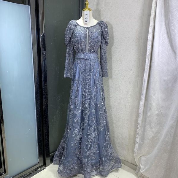 Vestidos de festa luxuosos dubai bordados cinza muçulmano noite mangas compridas 2023 mulheres elegantes árabe vestido formal para convidados de casamento