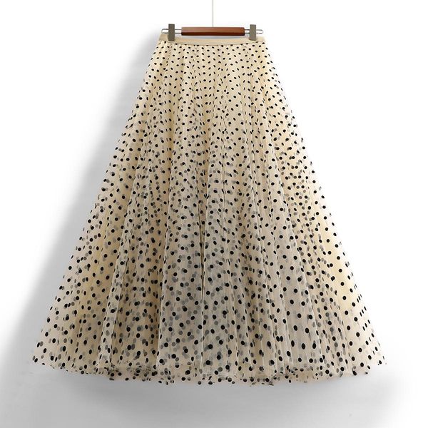 rock Frühling3 Schichten Mesh Ballkleid Rock 2023 Neue Jahr Polka Dot Plissee Voile Beige Schwarz Rock Frauen Chic Lange tüll Ins Tutu Rock