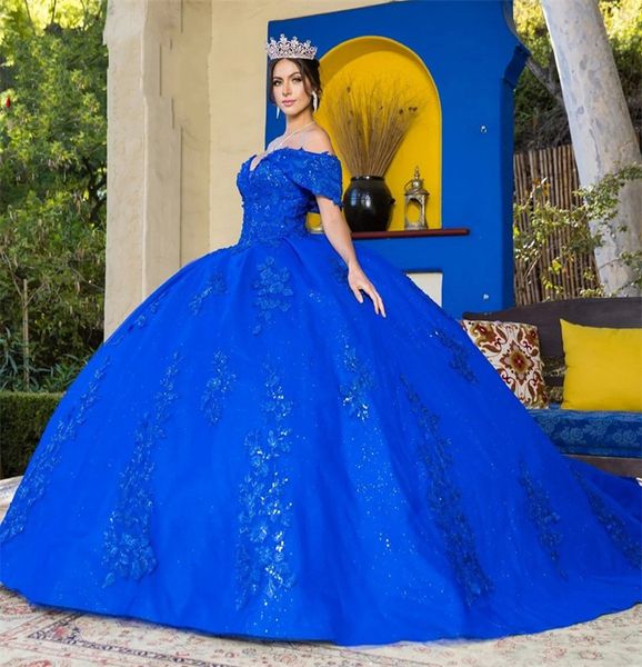 Affascinante paillettes con applicazioni floreali Abito Quinceanera Royal Blue Off spalla Scollo a V Vestidos De 15 Quinceaneras Ball Gown Custom Made