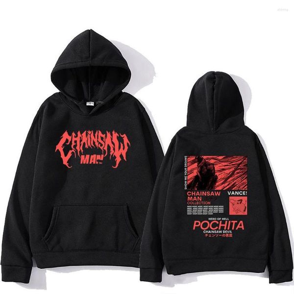 Herren Hoodies Anime Chainsaw Man Pochita Logo Letter Print Sweatshirts Manga Cartoon Grafik Streetwear Y2K Gothic Herren Pullover