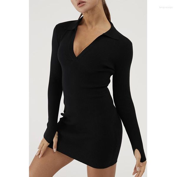 Lässige Kleider Pullover Polo-Ausschnitt V-Ausschnitt Schwarz Strickrock Sexy Einfarbiges Kleid Herbst Winter Schlanke Taille für Frauen Mini Büro 2023