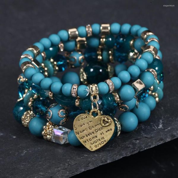 Strand Boho Heart Charm Multicolor Cristal Beads Pulseiras de Corda Para Mulheres Meninas Étnicas Wrap Bracelet Moda Jóias