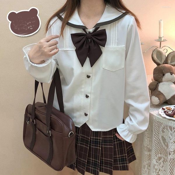 Damenblusen, Lolita, Kawaii, Bärenknopf, weiße Hemden, Teenager-Mädchen, Matrosenkragen, Preppy-Bluse, japanische süße JK-Schuluniform, lange Ärmel