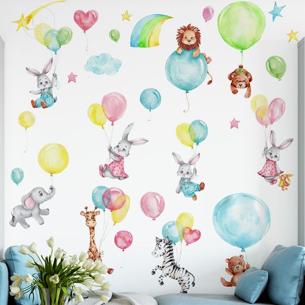 Adesivos de parede de animais de balão voador para decoração de parede de quarto infantil fofo coelhinho de pelúcia removível PVC papel de parede