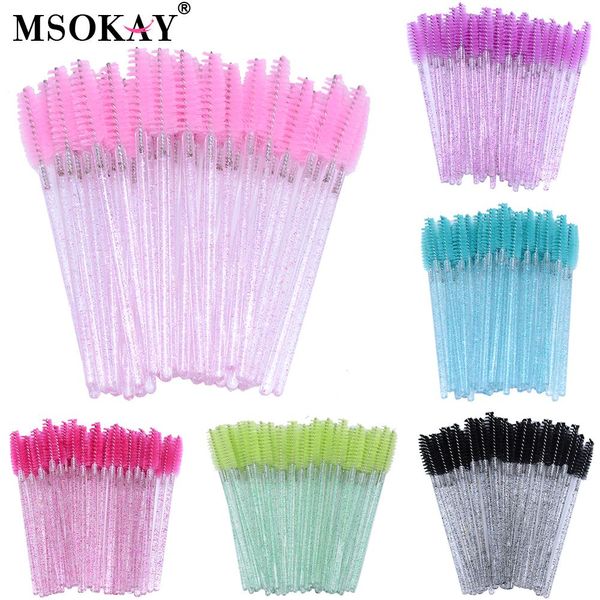 Pincéis MSOKAY 50pcs Colorido Brilhante Extensão de Cílios Mascara Wand Rosa Branco Glitter Eye Lash Brushes Curl Lash Spoolies Maquiagem Ferramenta