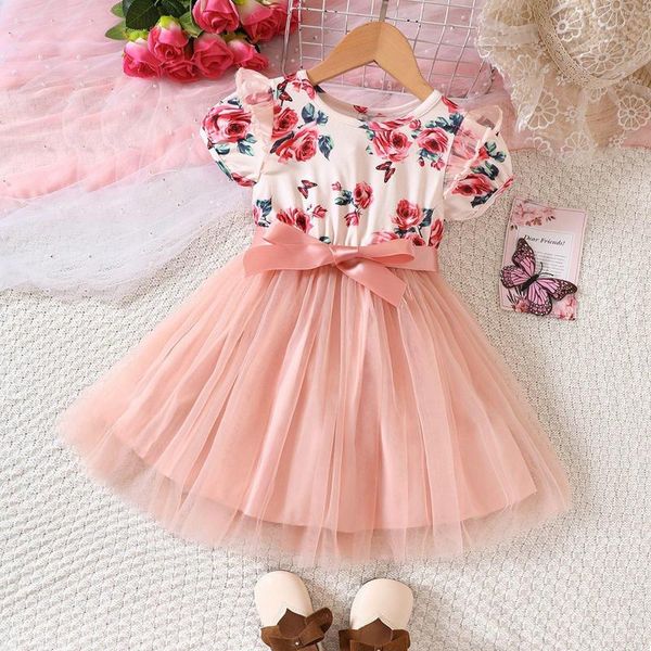 Mädchen Kleider Mädchen Sommer Spitze Ärmel Rose Print Mesh Kleid Hals Taille Kurzarm Baby Taufe Kinder Herbst Kleidung