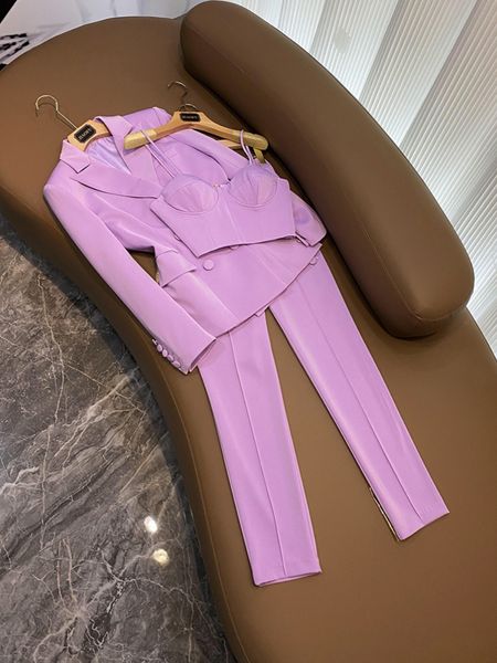 2023 Herbst Weiß / Schwarz Lila Zweiteilige Hosen-Sets Langarm Zweireihige Blazer mit gekerbtem Revers Top Camisole Lange Hosenanzüge Set Dreiteilige AnzügeD3L01