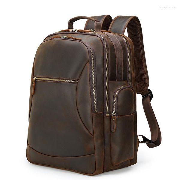 Mochila de couro de luxo de 17 polegadas, laptop de grande capacidade para computador, camada superior, bolsa de viagem de couro, mochila masculina, mochila ao ar livre