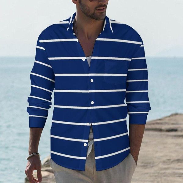 Camicie casual da uomo Camicia blu nautica Primavera Strisce bianche Stampa Camicette novità Design a maniche lunghe Abbigliamento street style Taglia grande