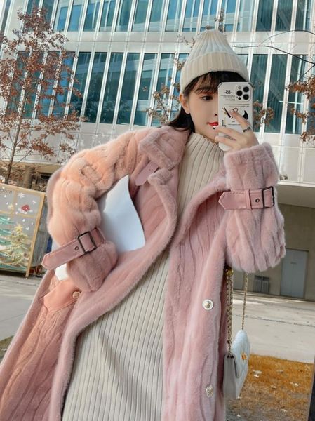 Gabardinas femininas rosa de lã de cordeiro Casaco de inverno feminino de comprimento médio grosso jaquetas de pele quente 2023 estilo coreano blusão feminino combinado
