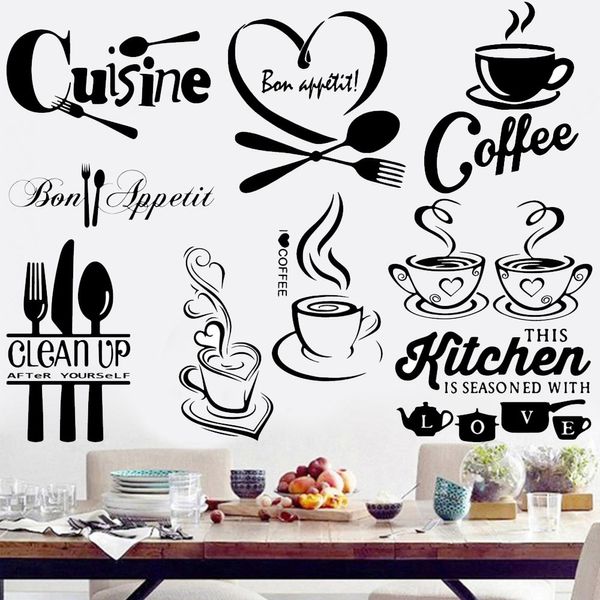 9 estilos Adesivos de parede de café para cozinha Adesivos decorativos Decalques de parede de vinil Adesivos faça você mesmo Decoração de casa Sala de jantar Loja Bar