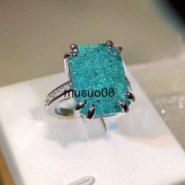 Bandringe 2022 NEUER Luxus-Smaragd-Paraiba-Edelstein Vier-Klauen-Paarring für Frauen Rechteck voller Diamant Jubiläumsfeier Geschenkschmuck J230602