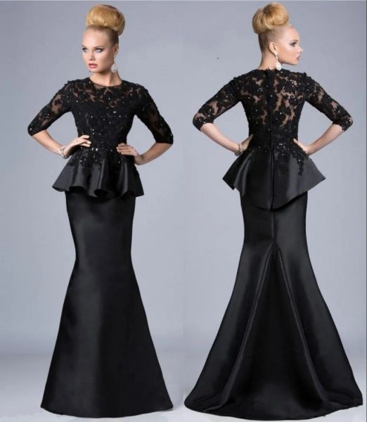 Vintage Siyah Deniz Kızı Düğün Partisi için Gelin Elbiseleri 2023 Zemin Uzunluğu Yarım Kollu Dantel Aletler Üst Peplum Satin Damat Anne Balo Akşam Elbise
