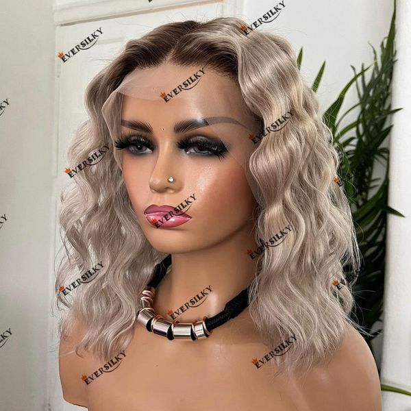 Full Lace Wigs Brazilian Remy Cabelo Humano Ombre Castanho Enraizado Platinum Loiro Deep Wave Peruca Feminina Transparente Swiss Lace Bob 13X6 Lace Front Wig