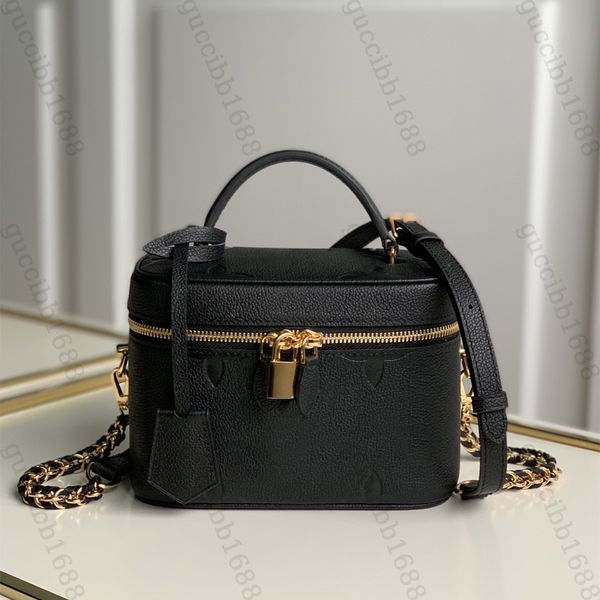 10A Designer-Mini-Kosmetikkoffer in Spiegelqualität, 19 cm, Damen-Handtasche aus echtem Leder, schwarz, Luxus-Griff, geprägtes Muster, Handtasche, Umhängetasche, Schultergurt, Box-Tasche