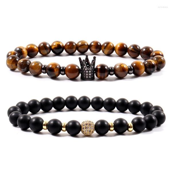 Strand 2023 Classic Luxury Crown Disco Ball Charm Bracciale Uomo Handmade 8mm Tiger Eye Stone Bead per gioielli regalo