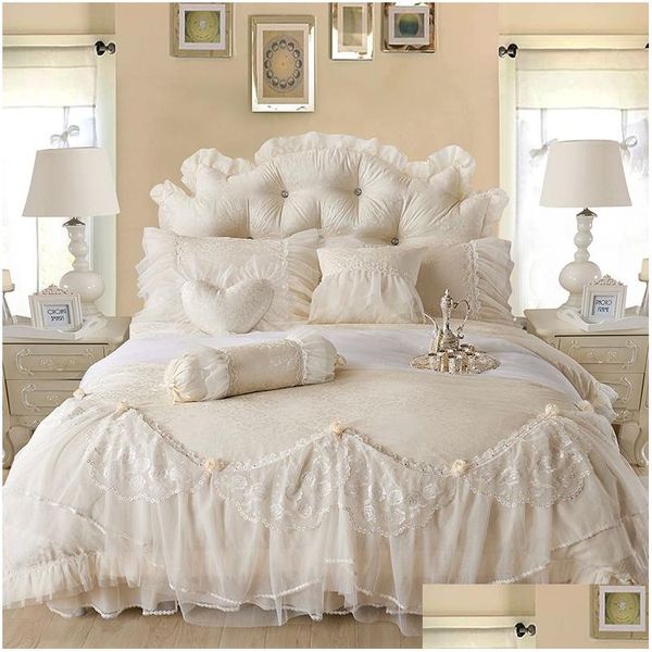 Conjuntos de cama de algodão jacquard renda princesa conjunto de cama casamento queen king size lençol boho edredom er roupas de cama drop delivery hom dhpfh