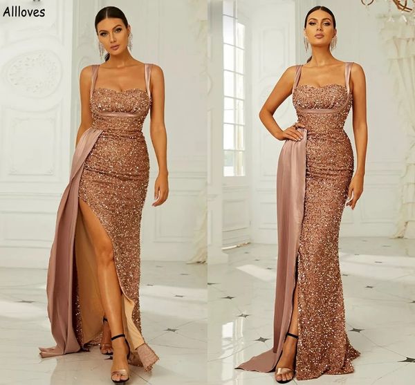 Vestidos de noite de bainha longa com lantejoulas brilhantes Sexy alças finas Aso Ebi Ocasião formal Vestidos de festa femininos Peplum Plus Size Vestidos de festa altos divididos CL2342