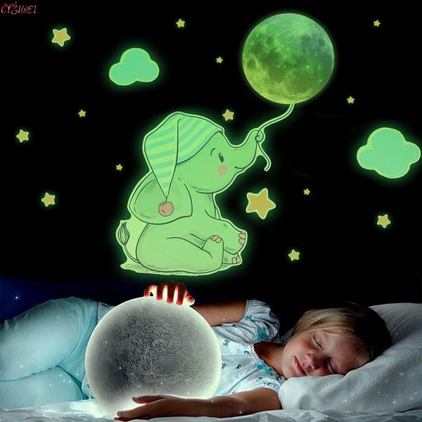 Leuchtende Baby-Bär-Mond-Elefant-Wandaufkleber für Baby-Kinderzimmer-Schlafzimmer-Home-Deco-Aufkleber, die im Dunkeln leuchten, kombinierte Aufkleber
