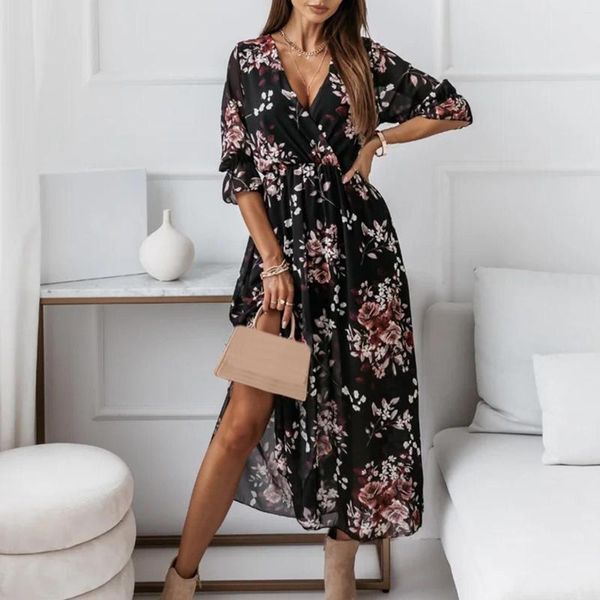 Casual Kleider Sommer Strand Maxi Kleid Mode Frauen Blumendruck Boho Lange Chiffon Flowy V-ausschnitt Split Sexy Party Robe