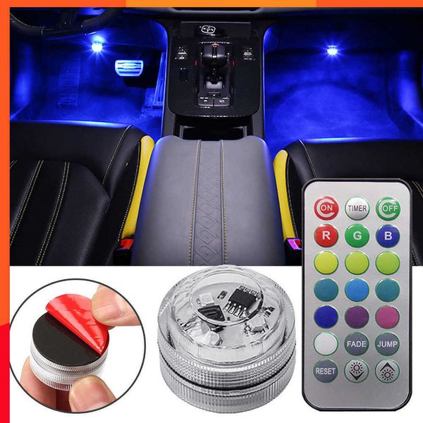 Novo adesivo sem fio LED interior do carro luz ambiente decoração de controle remoto teto automático pé lâmpada atmosfera bateria luz colorida