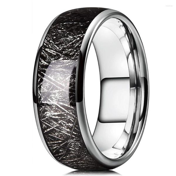 Anéis de casamento 8mm moda masculina prata polido anel de carboneto de tungstênio vintage preto meteoritos incrustados de fibra de carbono para banda