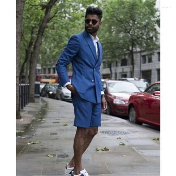 Abiti da uomo Stile estivo Casual Uomo Set con pantaloni corti 2 pezzi (cravatta) Ultimo cappotto Blazer Blu doppio petto Abiti da sposa