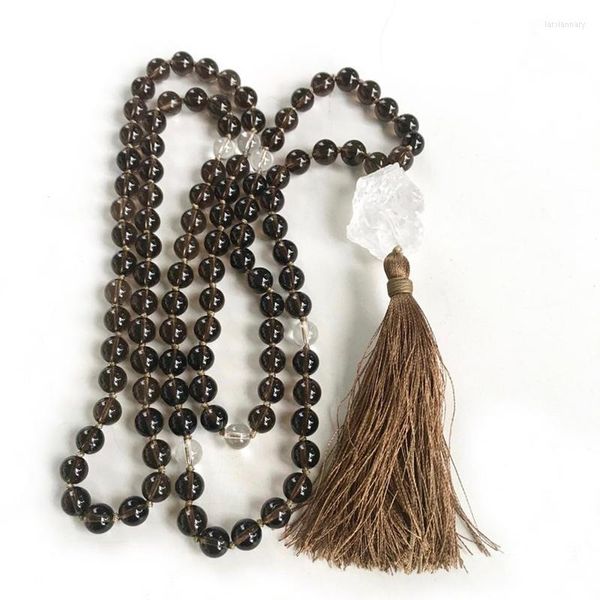 Catene Smokey Q-uartz Tassel Mala Collane 108 Perline Annodate Collana Raw Clear Spiritual Boho Jewelry