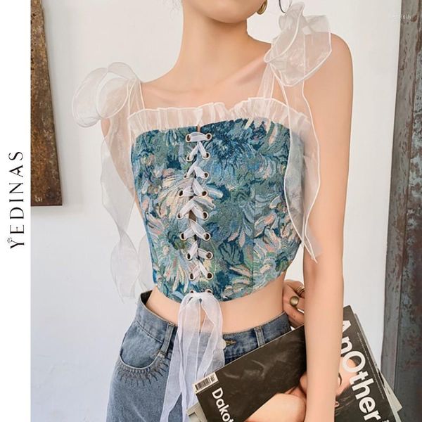 Regatas femininas Yedinas Corpetes de grife Espartilhos com bandagem bordada Blusa de verão babado nas costas corte sem costas Azul Floral Underbust Espartilho 2023