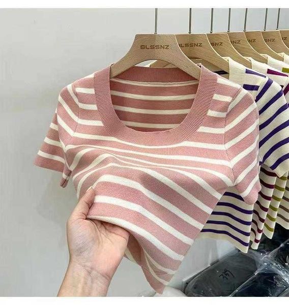 T-Shirt Summer Simple Girls Stripping O-Collo lavorato a maglia T-shirt a maniche corte T-shirt basic sottile da donna P230602