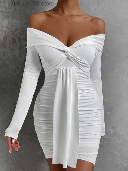 Платья для вечеринок Скажело сексуальные с трудным с длинным рукавом короткое клубное платье 2023 Белые вечерние платья для женщин для женщин вне плеча Мини -платье T230602