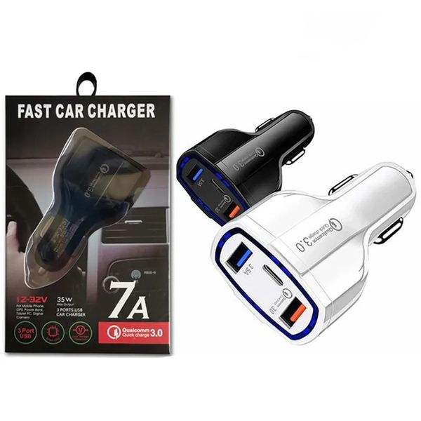 Carregador de carro 35W PD tipo C USB 3 portas Carregador rápido 7A QC3.0 Carregamento rápido Adaptador de alimentação automática para iPhone 15 14 Samsung Android Phone com caixa de varejo