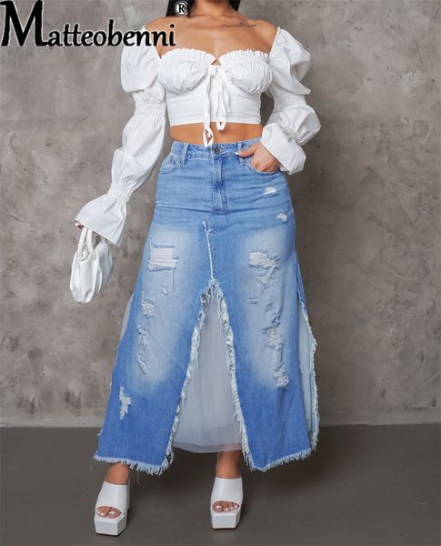 Röcke Mode Jeans Form Split Rock Weibliche Sommer Trend Gebrochene Löcher Halbkörper Kleid Tasche Damen Kleidung Casual Streetwear 230601