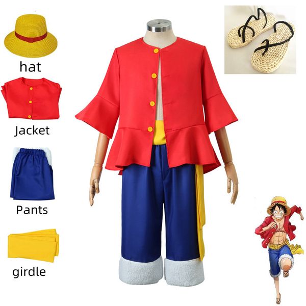 Cosplay Monkey D. Luffy Anime Costume da gioco di ruolo Red Top Blue Pants Hat Women's Aldalt Children's Halloween Party Set 230601