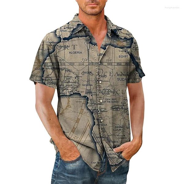 Erkekler Sıradan Gömlek Erkekler Gömlek Yaz Hawaii Haritası Grafik Baskıları Vintage Tartış Mavi Yeşil Khaki Gri Sokak Kısa Kollu