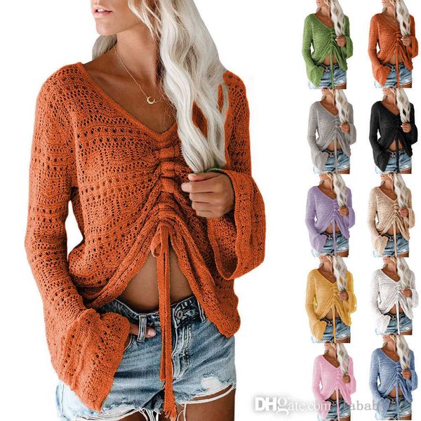 2023 Summer Womens Top Top Sexy Hollow Out Design Tops Tops Flare рукав вязаный свитер для женщин