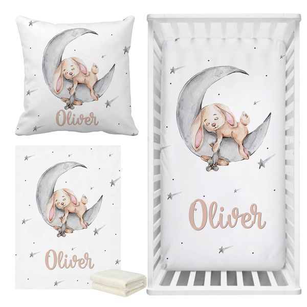 Sponde del letto LVYZIHO Sleeping Bunny Nome personalizzato Set di biancheria da letto per culla Dormire sulla luna Baby Shower Gift 230601