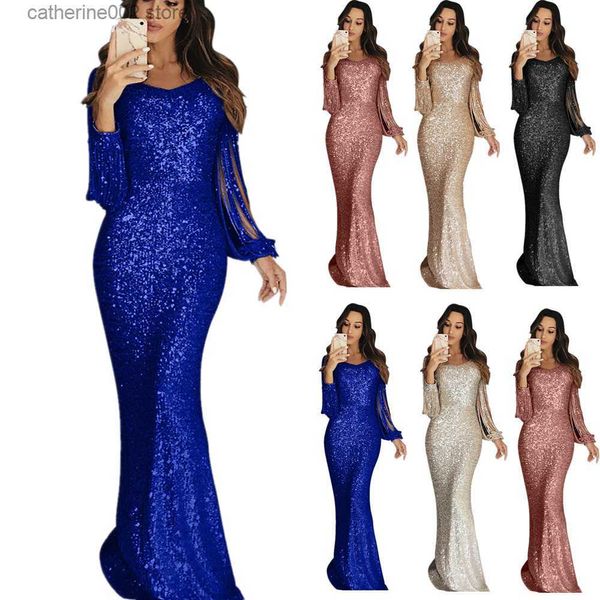 Платья для вечеринок 2022 Женская европейская и американская длинная юбка вечернее платье с длинным рукавом с бахромовым вечерним платьем Элегантное блестящее платье T230602