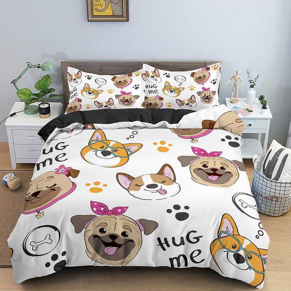 Set di biancheria da letto Cartoon Copripiumino Pet Dog Head Stampato Set di biancheria da letto per hotel Famiglia Camera da letto per bambini Tessili per la casa King Queen Size Set di biancheria da letto T230217