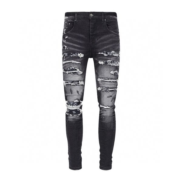 Tasarımcı yığını kot Avrupa yırtık jean erkek nakış kapitone trend marka vintage pantolon erkek ince sıska moda Jeans sstraight pantolon 02 için yırtık