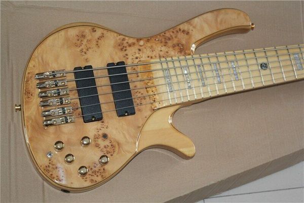 Новая 6 String Natural Burl Maple Electric Bass Guitar Posh Body Cayboard может быть настроен