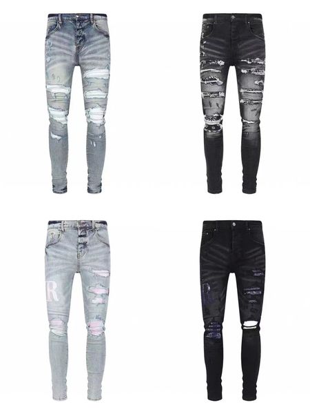 Jeans masculino Distressed Motorcycle biker jean Rock Skinny Slim Letra rasgada Marca de alta qualidade Hip Hop Calça jeans 30-40