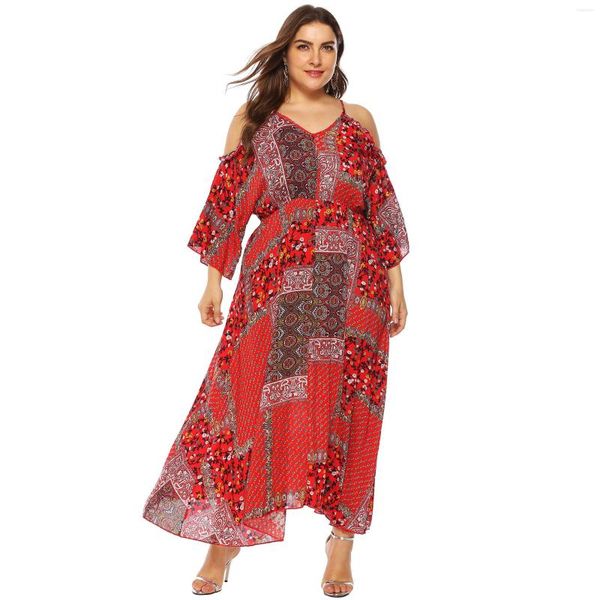 Abiti casual L- 4XL Plus Size Primavera floreale Maxi per donna Estate Abito grande con maniche Boho Red Long Streetwear Fat Big Robe 3XL