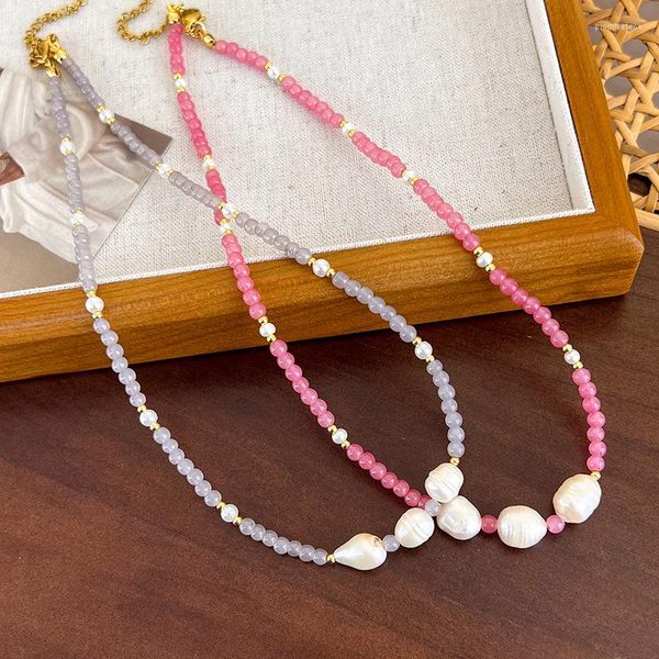 Girocollo Minar Moda coreana irregolare Collana di perline di perle d'acqua dolce per le donne Pendientes di cristallo di colore rosa grigio