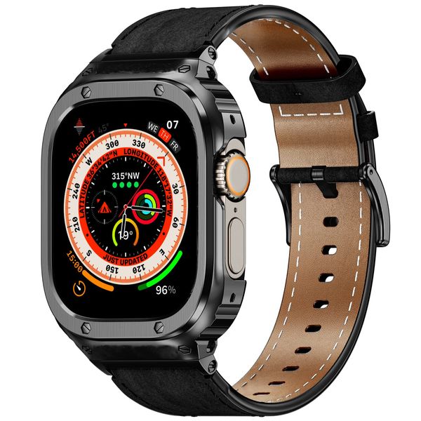 Metall-Schutzrahmen mit echtem Leder-Uhrenarmband, 40/41/44/45/49 mm, Ersatzarmband für Apple Watch S8/7/6/5/4