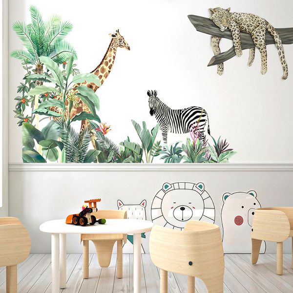 Safari-Dschungel-Tiere-Wandaufkleber für Kinderzimmer, Jungenzimmer, Schlafzimmer-Dekoration, große Giraffe, Leopard, Zebra, Baum-Tapete