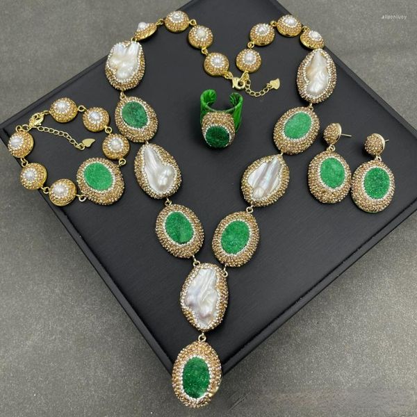 Halskette-Ohrringe-Set, natürliche Barockperle, exquisiter, hochwertiger Jade-Kristall, handgefertigt, eingelegter tschechischer Strass-Damenschmuck