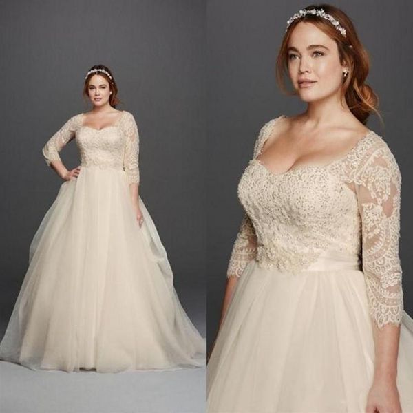 3 4 Manches Dentelle Chérie Couvert Bouton Gloor Longueur Princesse Mode Robes De Mariée Plus La Taille 2018 Nouveau Oleg Cassini Mariage Dres298y