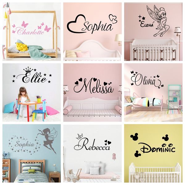 Adesivo de parede de nome personalizado colorido decalque de vinil para quarto de bebê adesivos personalizados papel de parede decoração de quarto de crianças decalques de parede