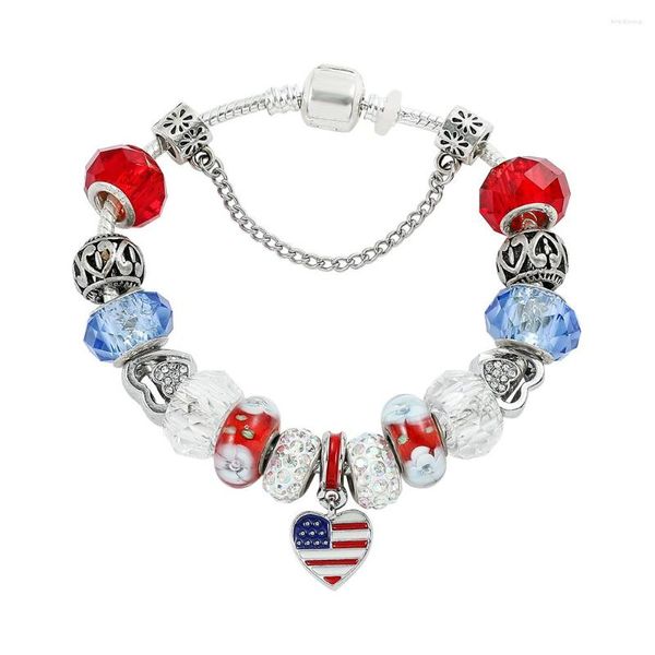 Charm Bracelets USA Love Heart Flag Bracelet Moda Crystal Beads Bangle American Pingente Para Mulheres Mão Acessórios Presentes